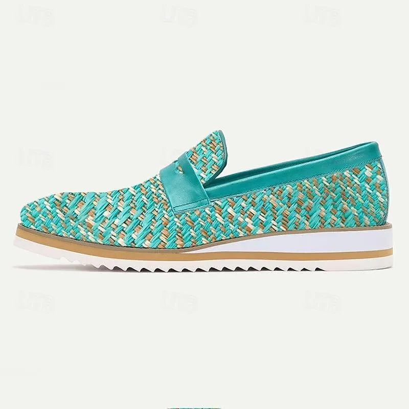 Men's Woven Slip-On Loafers - Casual Shoes with Turquoise Knit Design and Comfortable Sole - Tokiyos