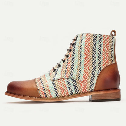 Men's Premium Woven Fabric and Leather Lace-Up Boots with Vibrant Zigzag Pattern and Leather Toe Cap