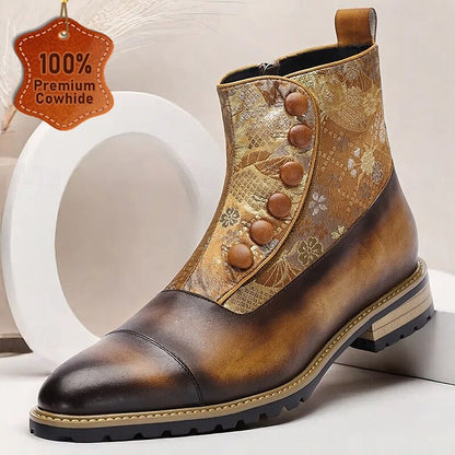 Men's Vintage Cowhide Leather Floral Brocade Ankle Boots with Button-Up Detail