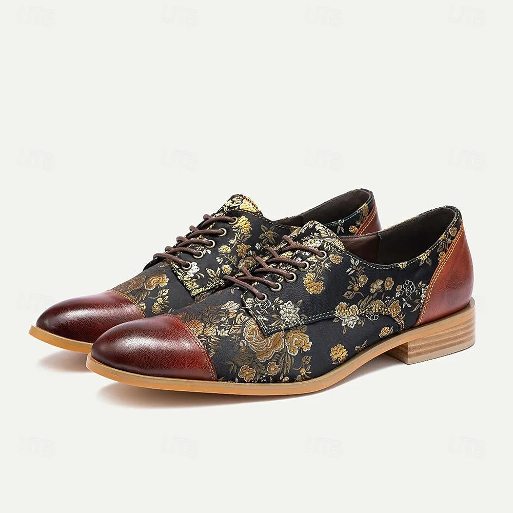 Men's Premium Cowhide Floral Pattern Dress Shoes with Brown Accents