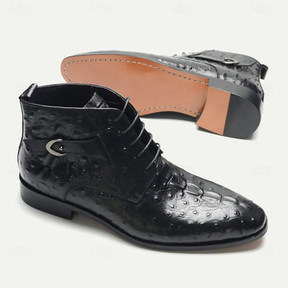 Men's Ostrich Embossed Leather Ankle Boots with Premium Cowhide and Lace-Up