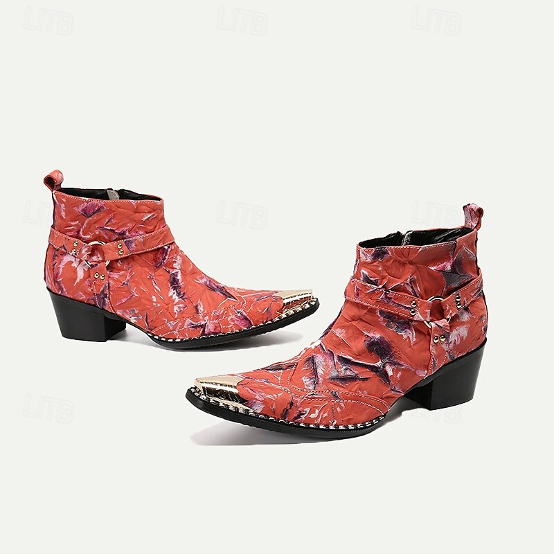 Men's Premium Cowhide Motorcycle Boots with Floral Design and Metal Toe Cap - Western Ankle Boots for Riding and Casual Wear