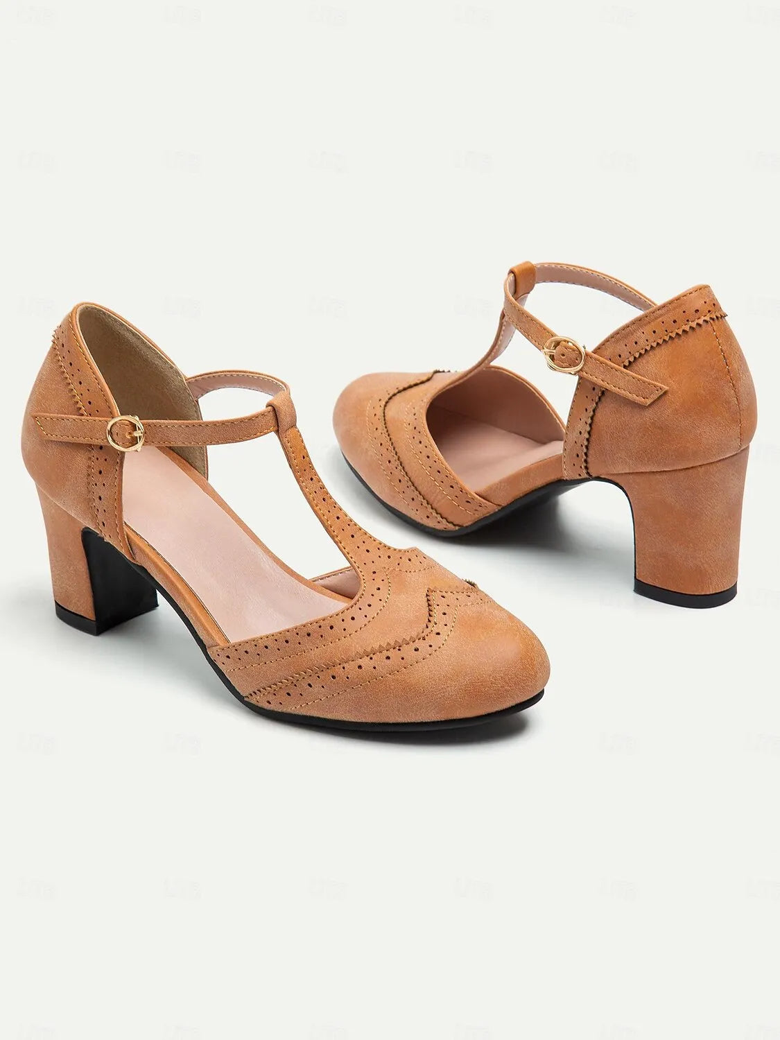 Women's Vintage Tan T-Strap Mary Jane Pumps with Brogue Detailing and Block Heel - Retro Dress Shoes for All Occasions