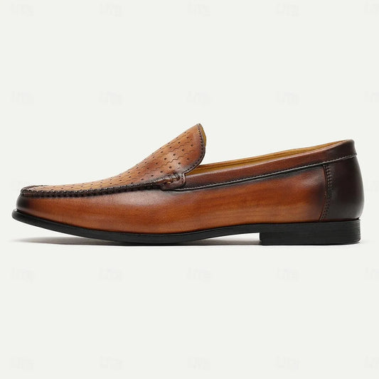 Men's Brown Perforated Leather Loafers - Tokiyos