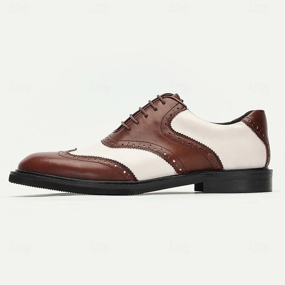 Men's Premium Cowhide Brown and White Wingtip Oxford Shoes with Perforated Detailing