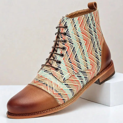 Men's Premium Woven Fabric and Leather Lace-Up Boots with Vibrant Zigzag Pattern and Leather Toe Cap