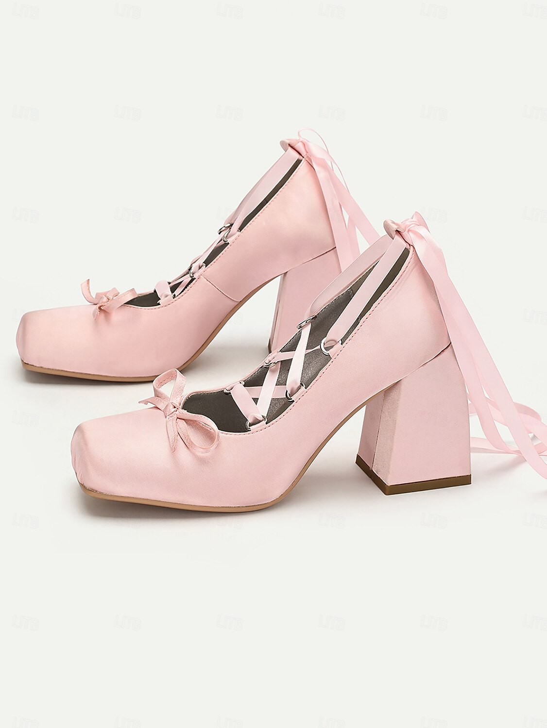 Women's Pink Satin Lace-Up Block Heels with Ribbon Ties-Ballet-Inspired Pumps for Special Occasions and Elegant Outfits