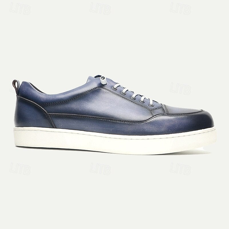 Men's Premium Cowhide Leather Casual Sneakers with Lace-Up Design and White Sole