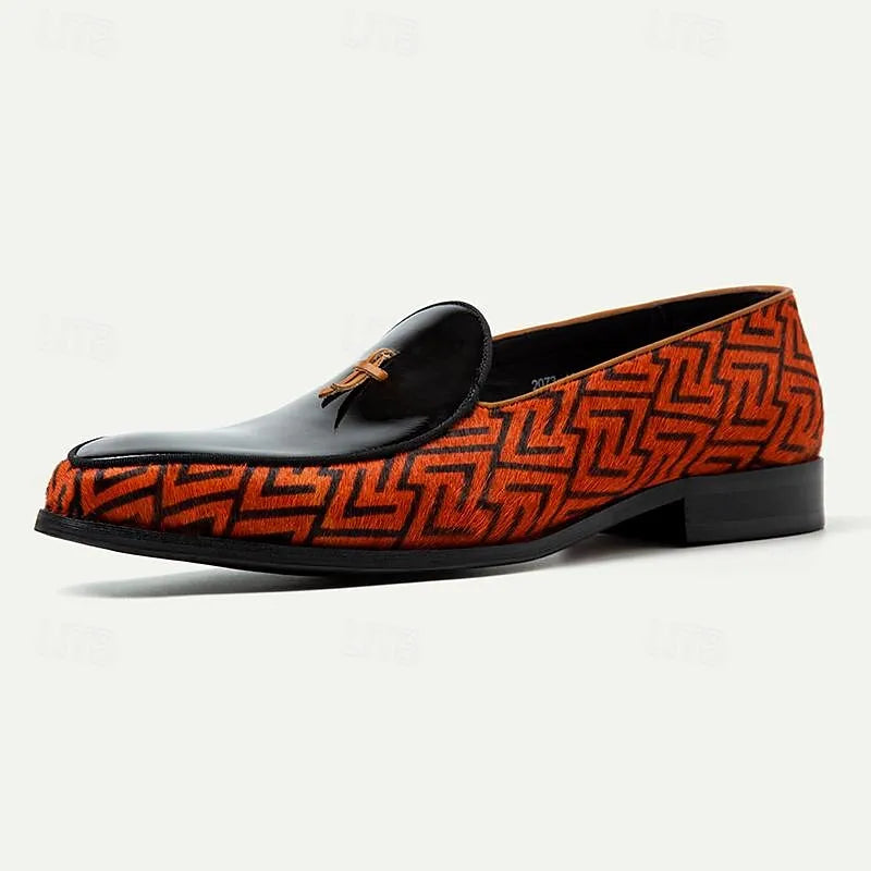 Men's Premium Cowhide Leather Loafers - Black and Red Patterned Slip-On Dress Shoes