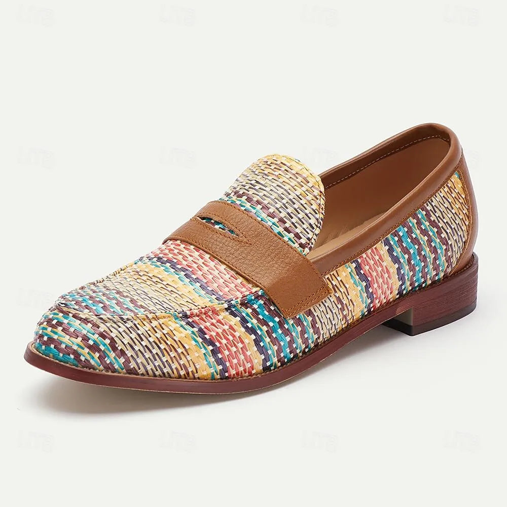 Men's Multicolor Woven Loafers - Breathable Brown Slip-On Casual Shoes