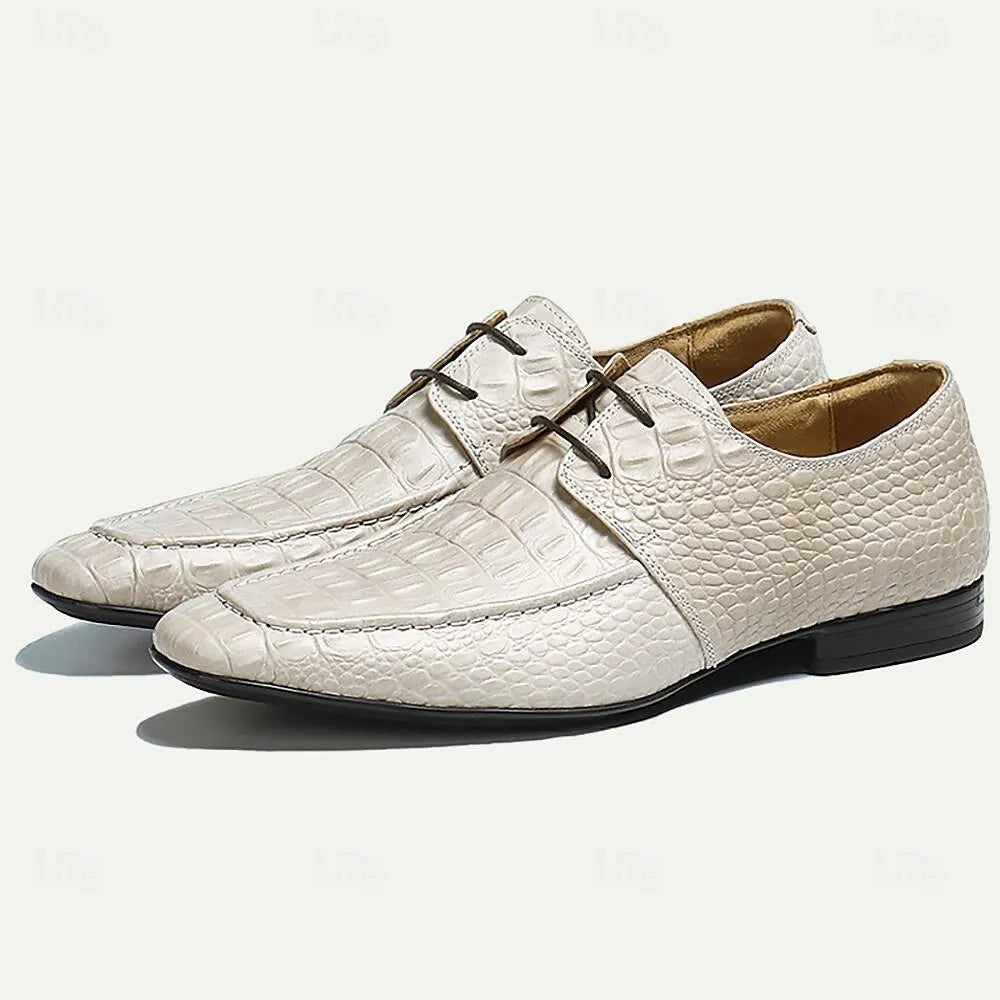 Men's Luxury Alligator Pattern Leather Lace-Up Dress Shoes in Ivory - Tokiyos