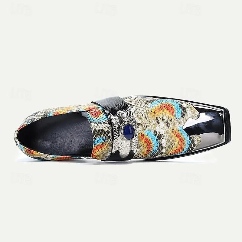 Men's Multicolor Metallic Snakeskin Loafers with Dragon Buckle and Jewel Detail - Tokiyos