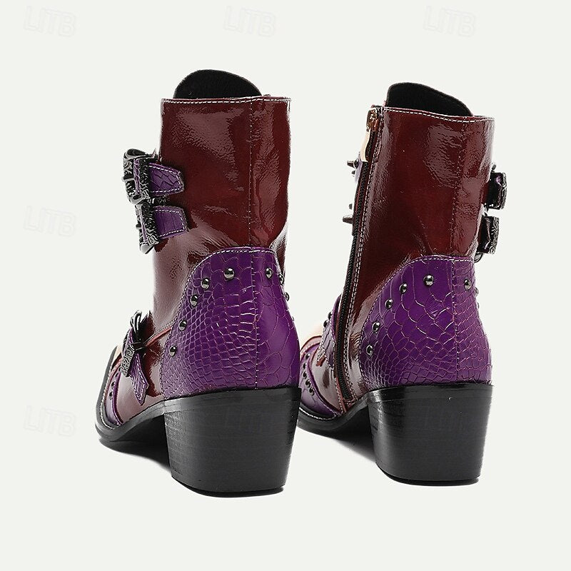 Men's Premium Cowhide Studded Motorcycle Boots - Bold Red and Purple Design with Buckles and Metallic Toe Cap