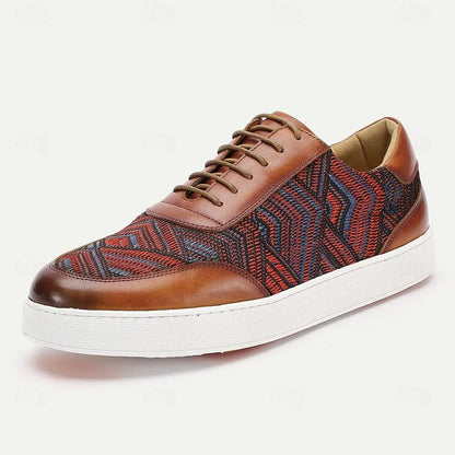 Men's Brown Leather Woven Sneakers - Breathable Red and Blue Pattern Lace-Up Casual Shoes