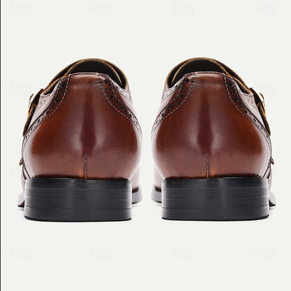 Men's Brown Double Monk Strap Shoes with Brogue Detailing - Premium Cowhide Leather Formal Dress Shoes