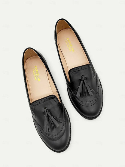 Women's Tassel Loafers with Brogue Details - Classic and Versatile Slip-On Shoes for Office and Casual Wear