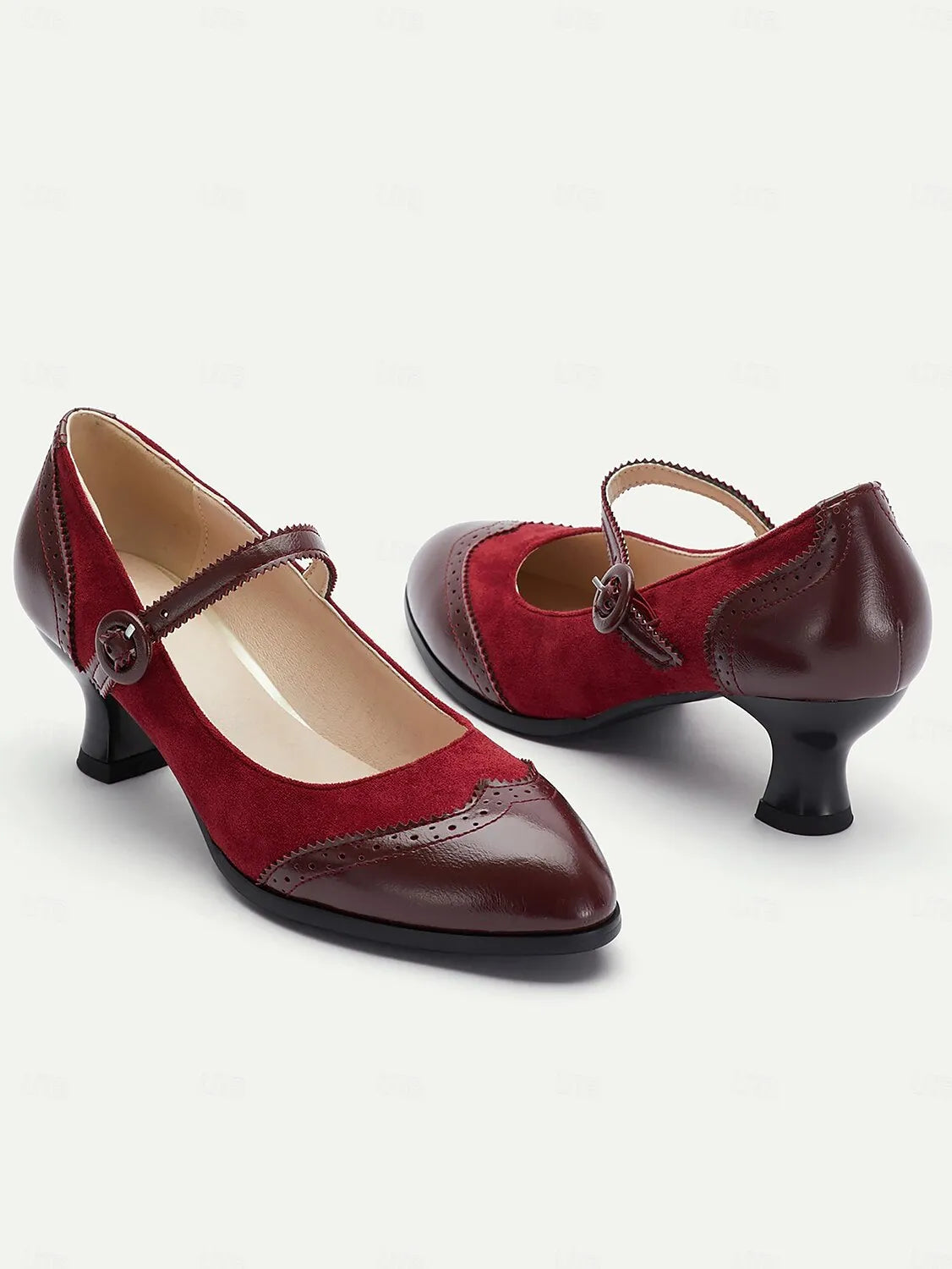 Women's Vintage Red and Brown Mary Jane Pumps with Suede and Leather Combination, Brogue Detailing, and Low Block Heel