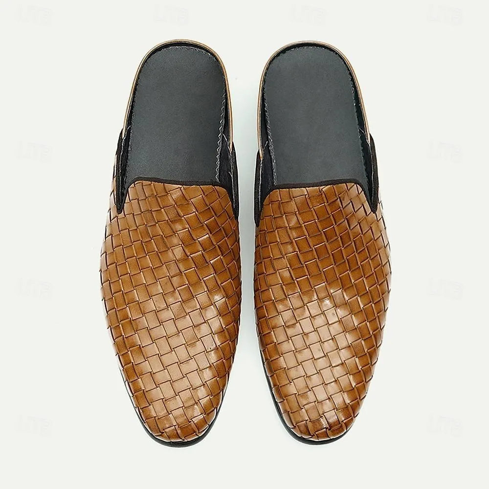 Men's Brown Woven Leather Mules Slip-On Roman Loafers - Tokiyos