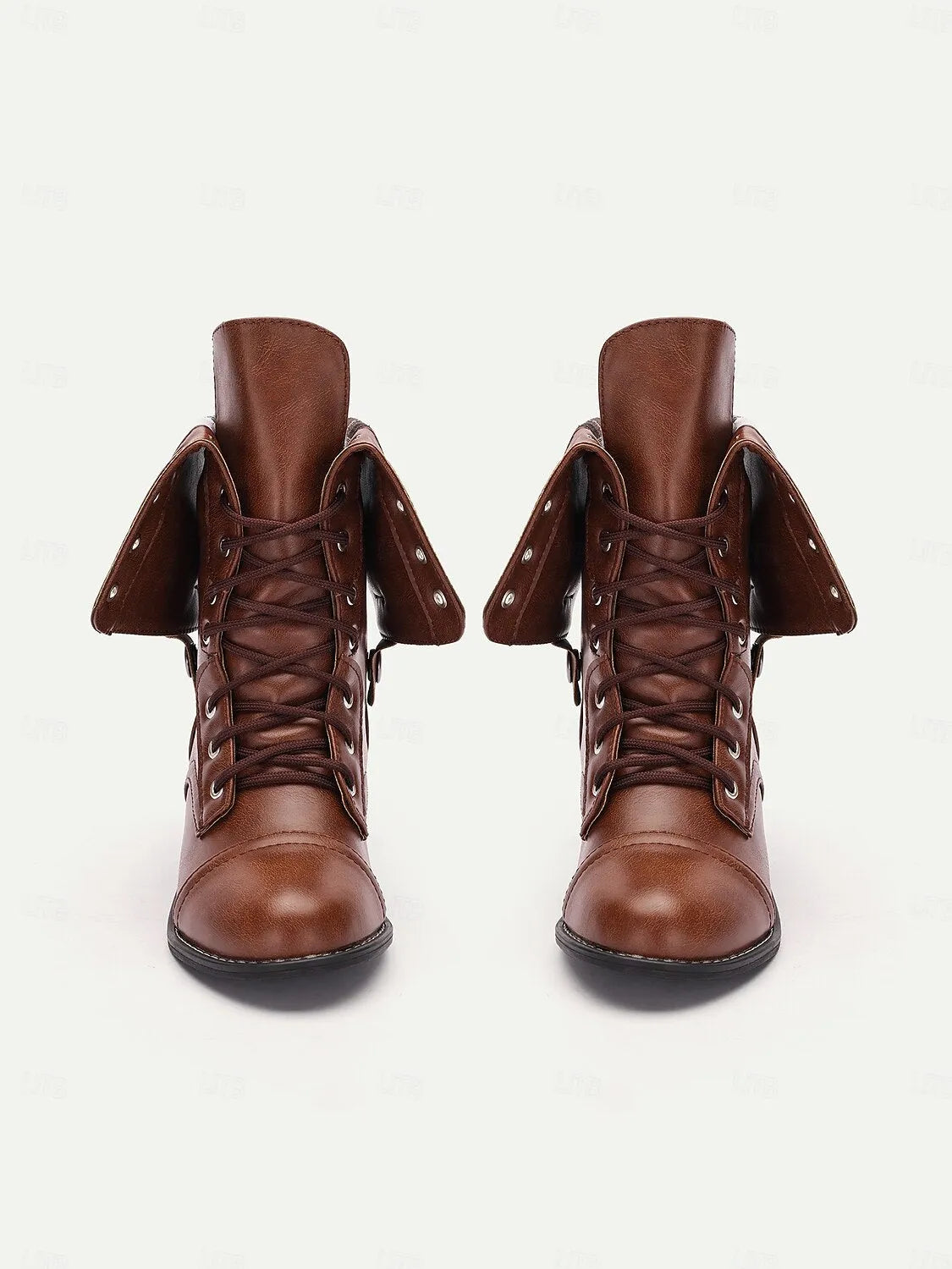 Women's Brown Convertible Lace-Up Combat Boots with Fold-Down Plaid Cuffs - Versatile Vintage Style for Casual and Outdoor Wear