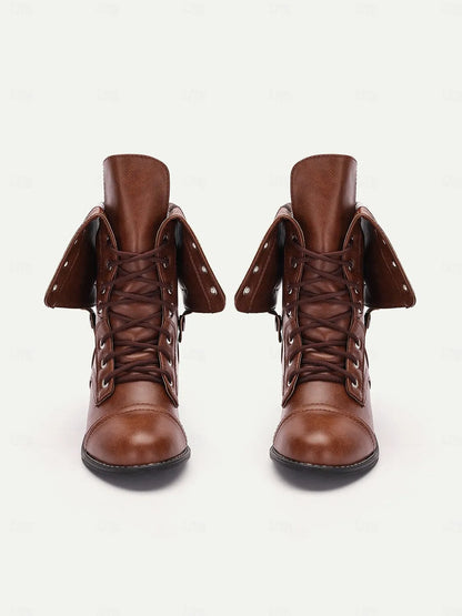 Women's Brown Convertible Lace-Up Combat Boots with Fold-Down Plaid Cuffs - Versatile Vintage Style for Casual and Outdoor Wear