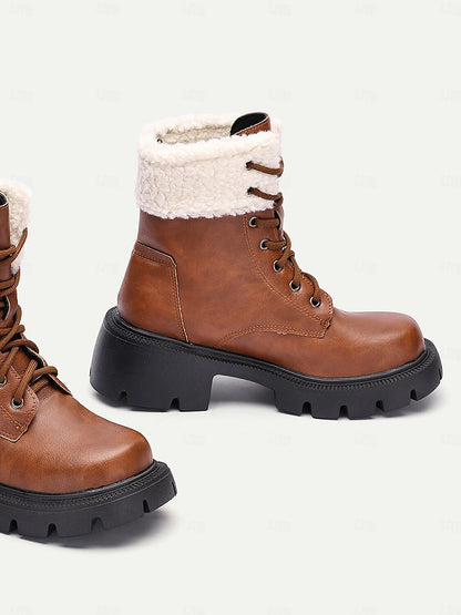 Women's Brown Winter Ankle Boots with Faux Fur Lining-Warm Lace-Up Combat Boots for Casual Outdoor Wear