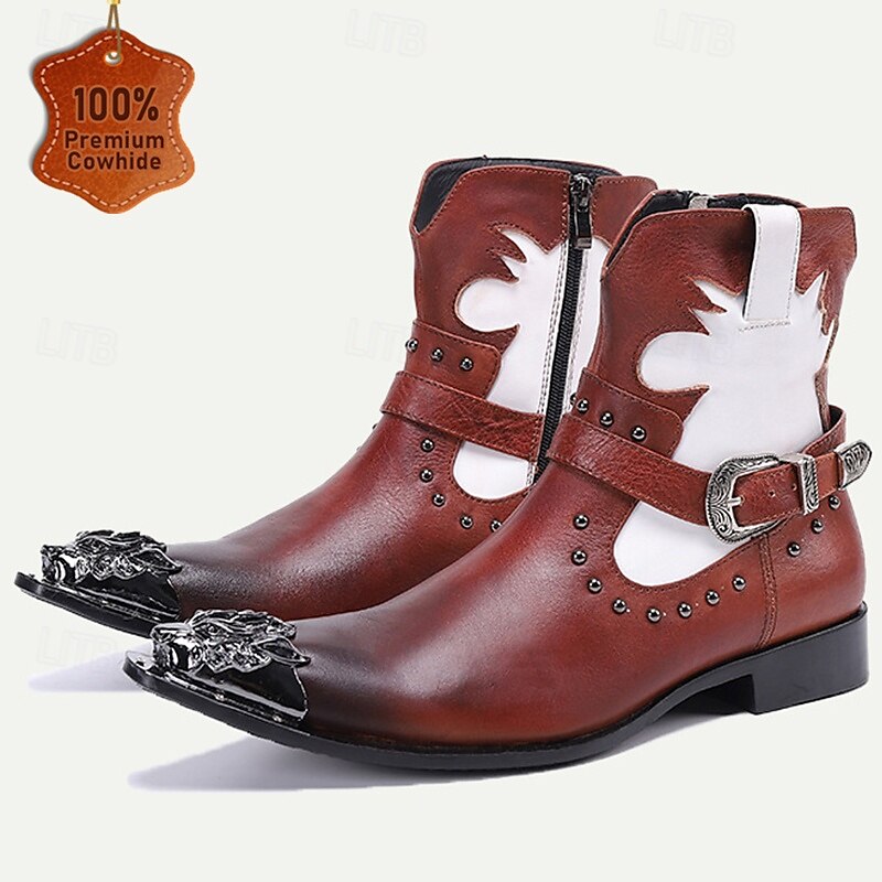 Men's Brown and White Premium Cowhide Motorcycle Boots with Western Style, Metal Dragon Toe Cap, and Buckle Strap - Ideal for Riding and Cowboy-Inspired Fashion