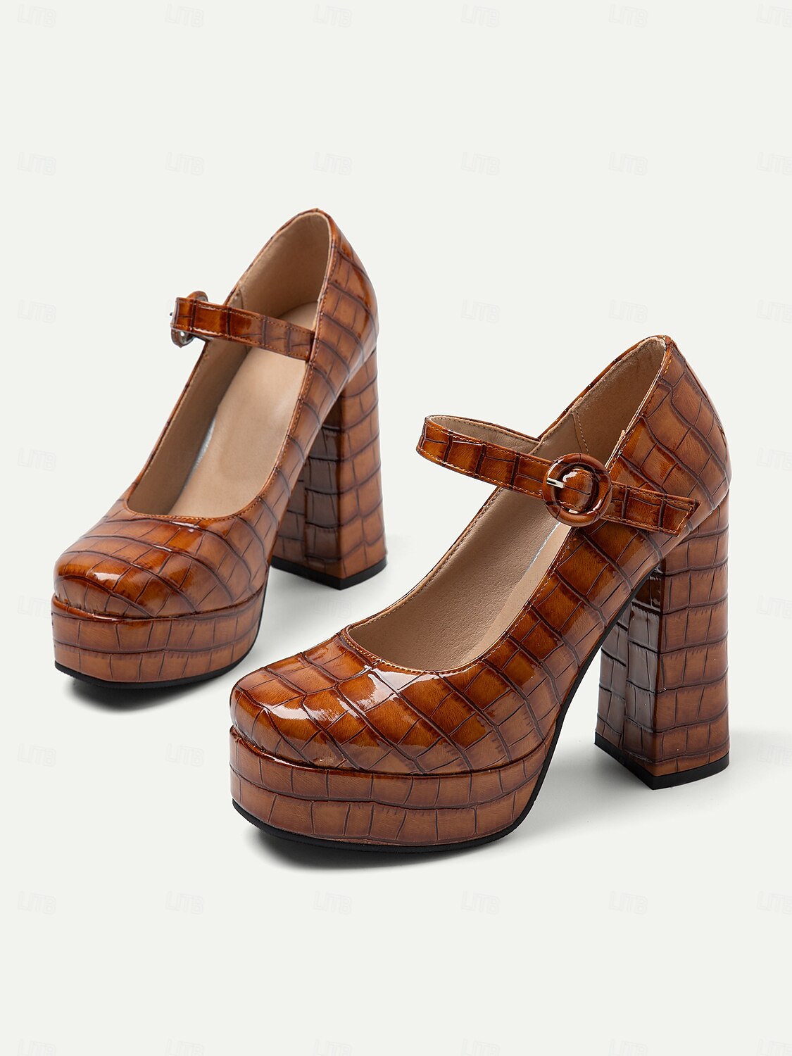 Women's Vintage-Style Brown Crocodile Embossed Platform Heels with Mary Jane Strap – Retro Block Heels for Formal and Party Wear