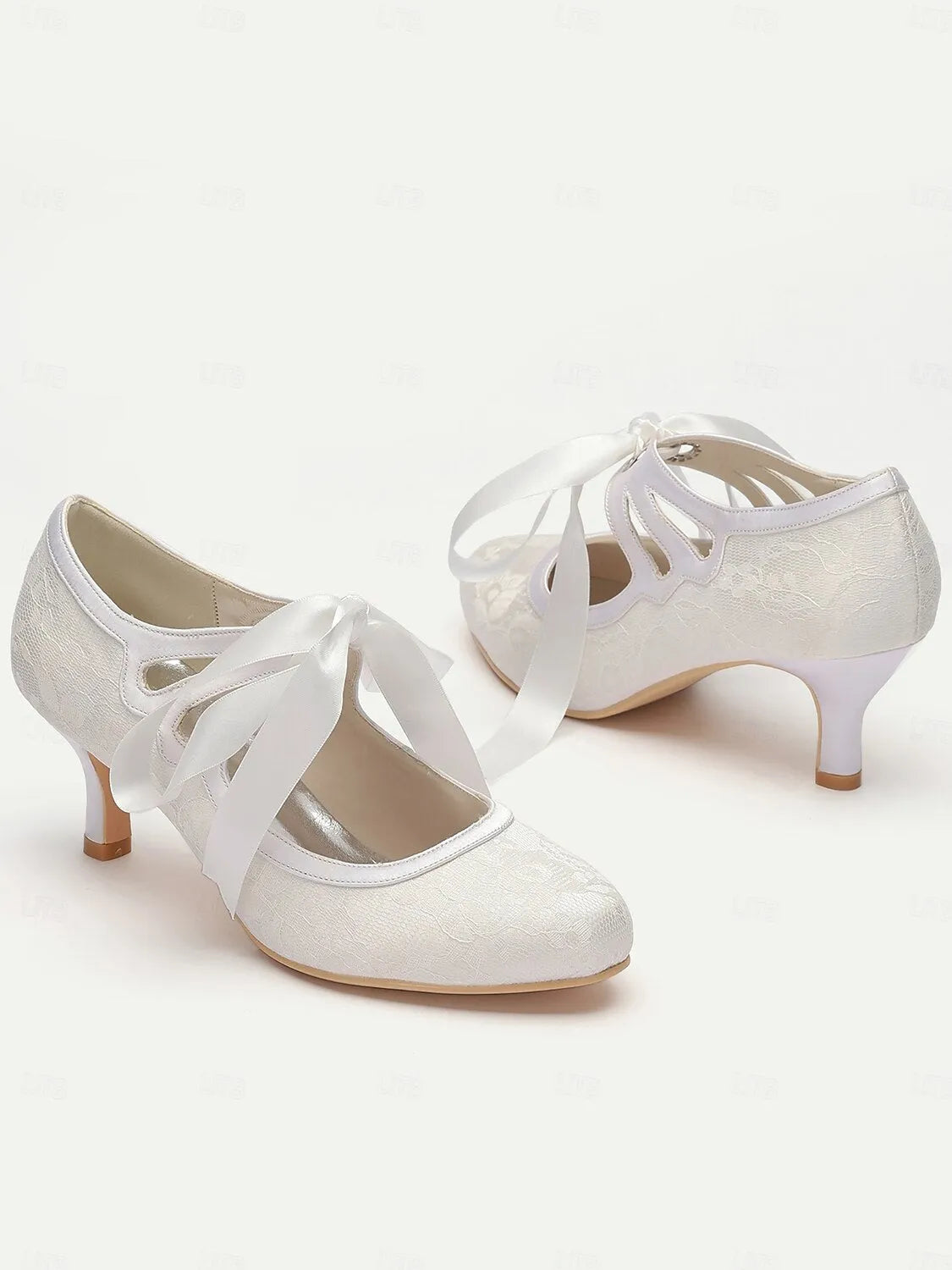 Women's White Lace Wedding Shoes with Ribbon Tie and Low Heel