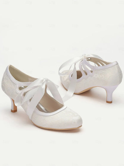 Women's White Lace Wedding Shoes with Ribbon Tie and Low Heel