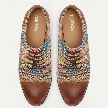 Men's Colorful Woven Leather Oxford Shoes - Breathable Brown Lace-Up Casual Footwear