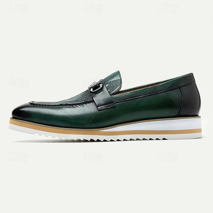 Men's Green Leather Loafers - Premium Cowhide Slip-On Dress Shoes with Buckle