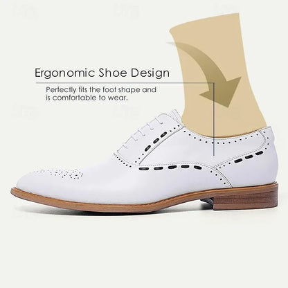 Men's White Leather Brogue Oxford Shoes - Tokiyos