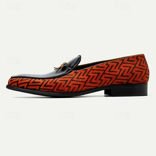 Men's Premium Cowhide Leather Loafers - Black and Red Patterned Slip-On Dress Shoes