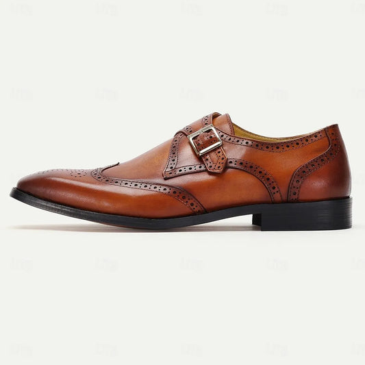 Men's Monk Strap Shoes Tan Leather Brogue Buckle - Tokiyos