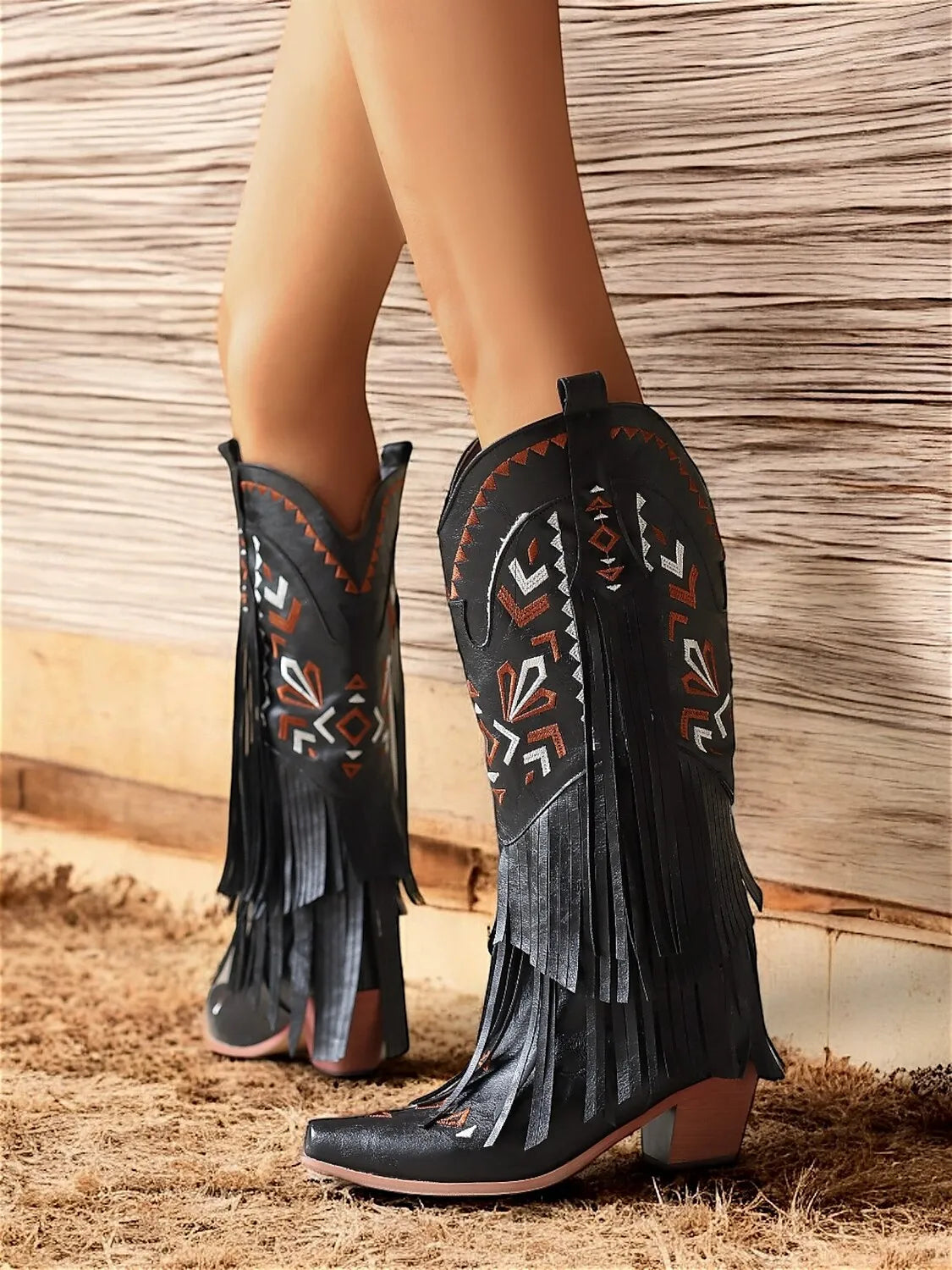 Women's Brown Faux Leather Fringe Western Cowboy Boots with Embroidered Details