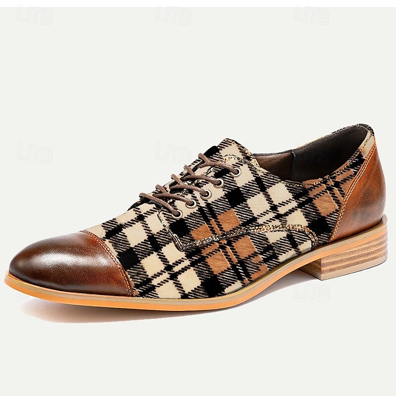 Men's Brown Plaid Oxford Shoes Premium Cowhide Leather Horsehair