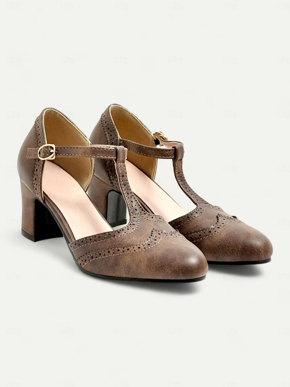 Women's Vintage Tan T-Strap Mary Jane Pumps with Brogue Detailing and Block Heel - Retro Dress Shoes for All Occasions