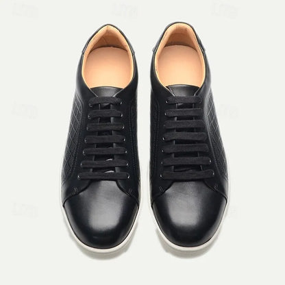 Men's Black Leather Sneakers with Mesh Panel Design - Casual Lace-Up Low-Top Shoes for Everyday Wear