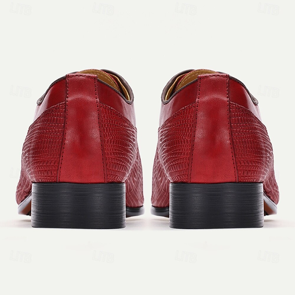 Men's Red Premium Cowhide Oxford Shoes-Classic Lace-Up Formal Leather Dress Shoes with Textured Details for Special Occasions