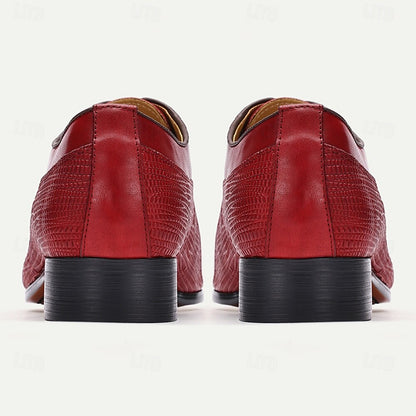 Men's Red Premium Cowhide Oxford Shoes-Classic Lace-Up Formal Leather Dress Shoes with Textured Details for Special Occasions