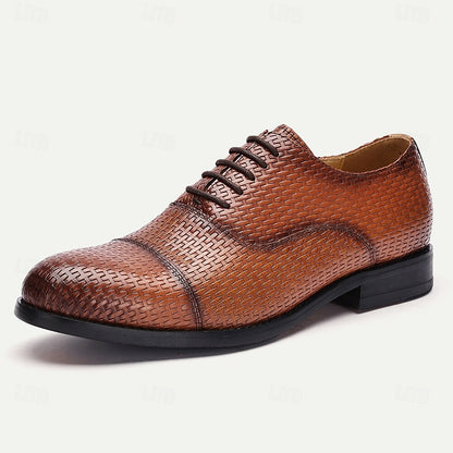 Men's Woven Pattern Brown Leather Oxford Shoes-Premium Cowhide Lace-Up Formal Shoes for Business and Special Occasions