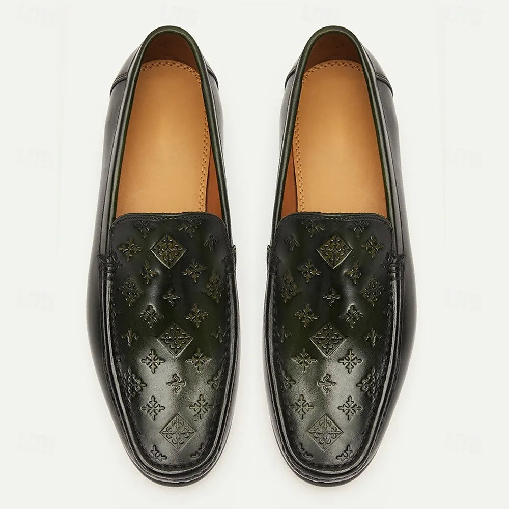 Men's Green Embossed Leather Loafers with Patterned Design for Business and Casual Wear in Classic Style