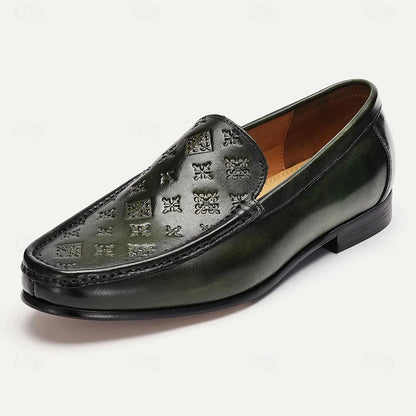 Men's Green Embossed Leather Loafers with Patterned Design for Business and Casual Wear in Classic Style