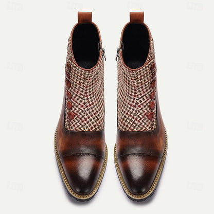 Men's Houndstooth Tweed and Leather Ankle Boots with Button-Up Detail