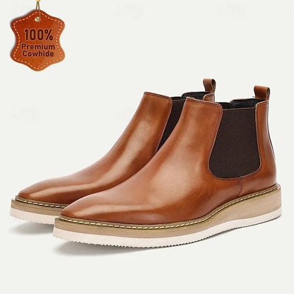 Men's Premium Cowhide Tan Leather Chelsea Boots with Contrast Sole and Elastic Side Panels