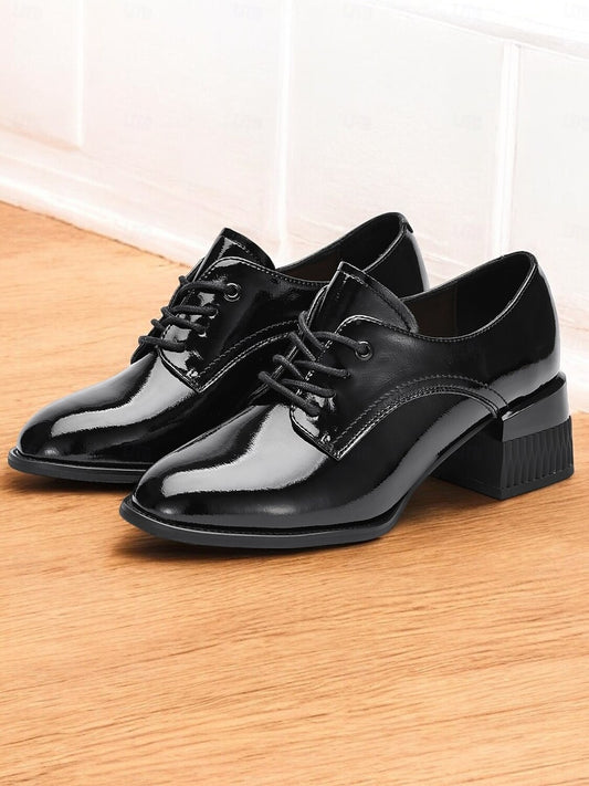 Women's Black Patent Leather Oxford Shoes – Premium Cowhide Formal Lace-Up Shoes for Weddings, Business, and Special Occasions