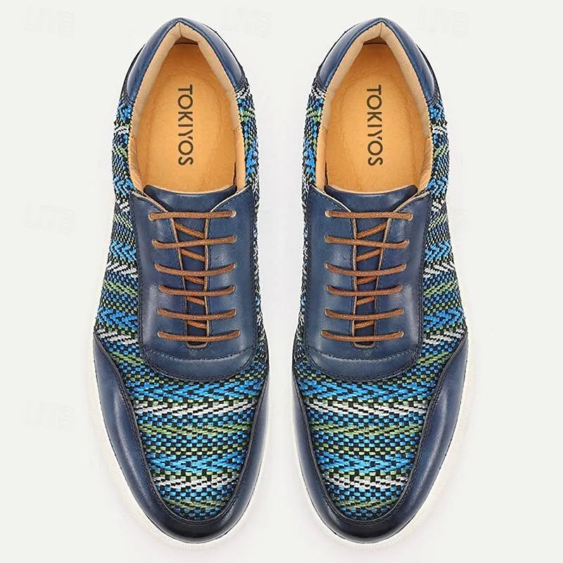 Men's Blue and Green Woven Leather Sneakers - Breathable Pattern Lace-Up Casual Shoes