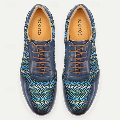 Men's Blue and Green Woven Leather Sneakers - Breathable Pattern Lace-Up Casual Shoes