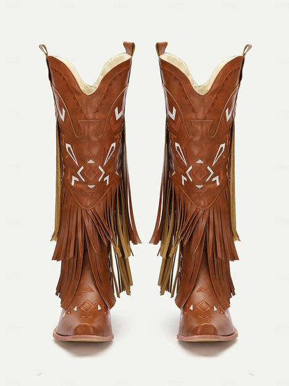 Women's Brown Faux Leather Fringe Western Cowboy Boots with Embroidered Details