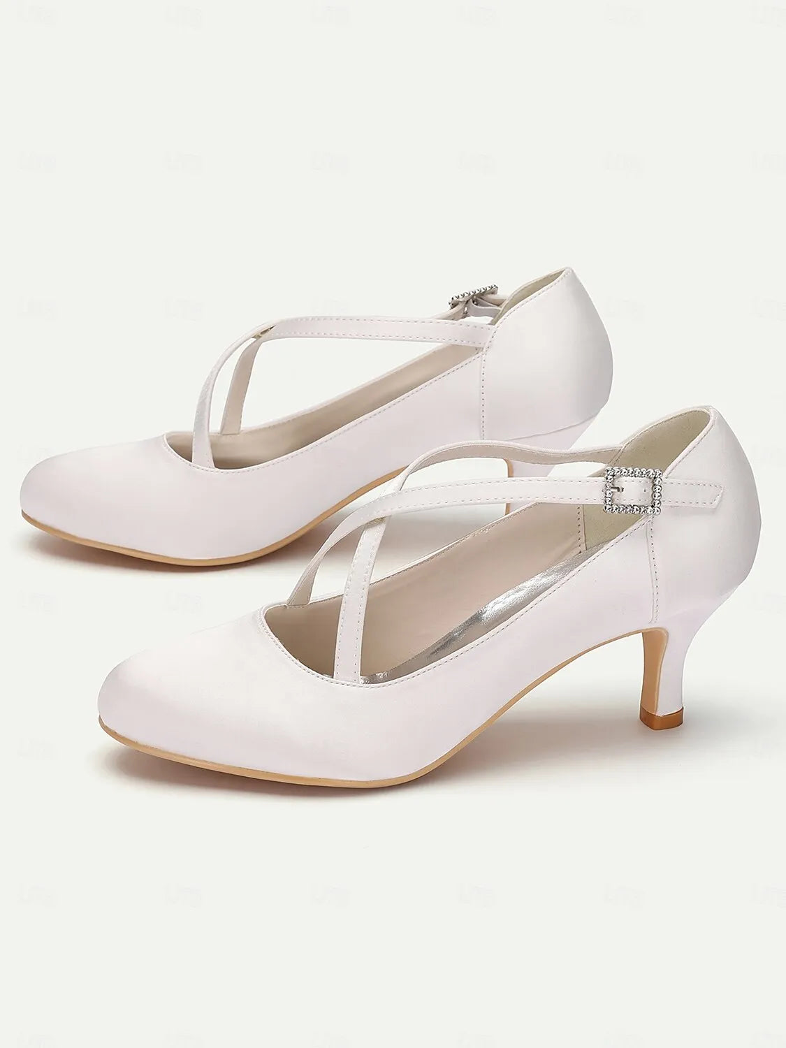 White Satin Cross-Strap Heels with Rhinestone Buckle – Elegant Women's Wedding Shoes for Brides and Formal Occasions